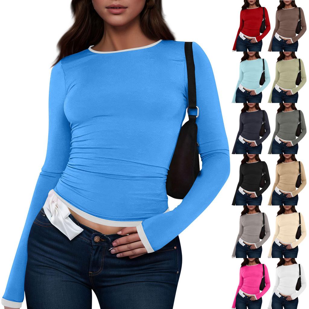 Women's Fashion Colour Blocking Round Neck Long Sleeve T-Shirt Top