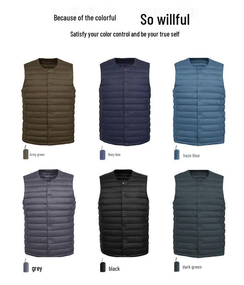 Men's Lightweight Collarless Down Vest for Autumn/Winter - Plus Size, V-Neck, Shoulder Cape.