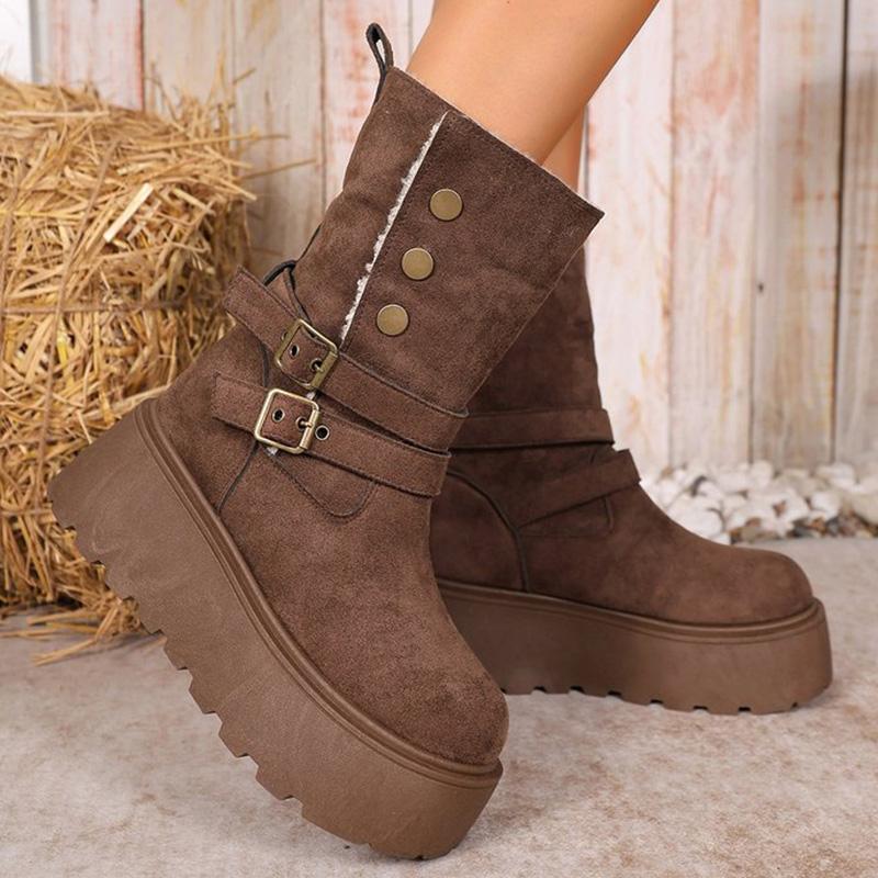 Fashion Brown Chunky Platform Women's Snow Boots Winter Retro Button Buckle Detor Snow Boots Woman Faux Suede Keep Warm Botas Mujer
