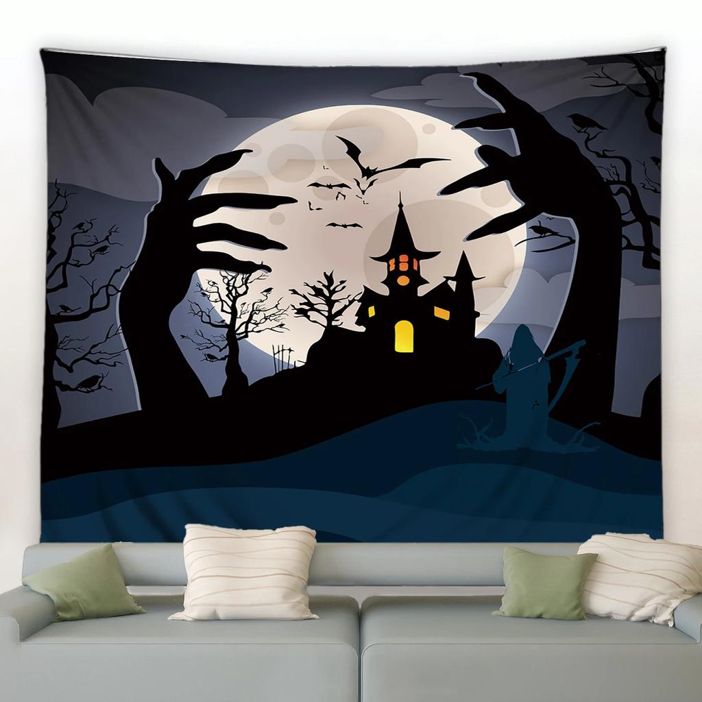 Happy Halloween Tapestry Horror Spooky Castle Pumpkin Wall Hanging Dorm Room Wall Decor Backdrop Fabric Halloween Wall Blanket