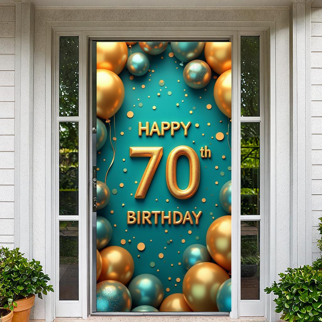 Happy 70th Birthday Banner Backdrop Black gold Birthday Party Decorations Photography Props Sparkle Balloon Background