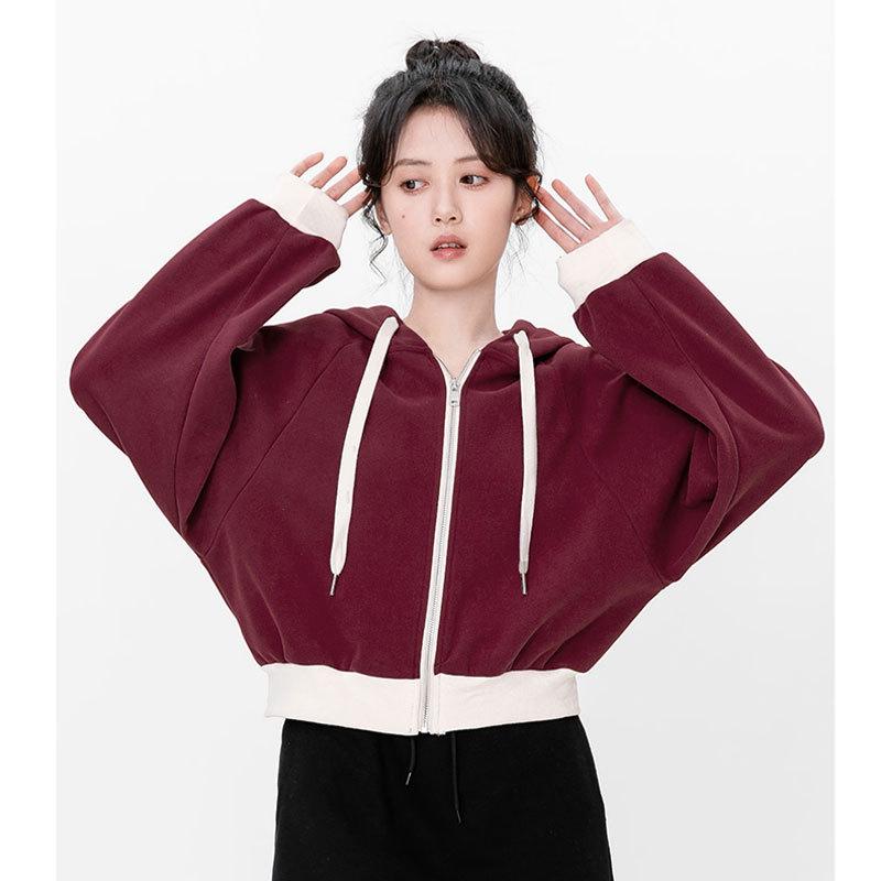 Women's Burgundy Raglan Zip-Up Hooded Sweatshirt Jacket - Spring/Autumn 2025 Design