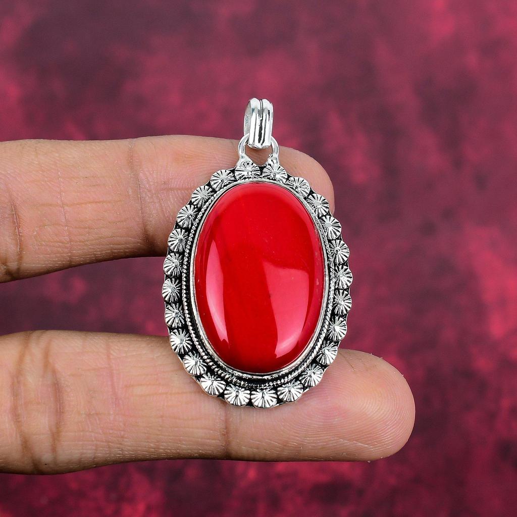 Roter Koralle Handgemachter Edelstein Anhänger, 925 Sterling Silber Anhänger Antiker Schmuck, Für Verlobungsgeschenk