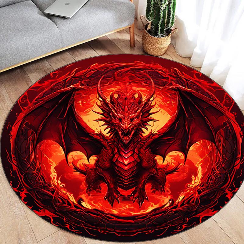 Vibrant Red Dragon Round Rug – Fantasy-Themed Anti-Slip Floor Mat with Fiery Design, Perfect for Bedroom, Living Room, Study
