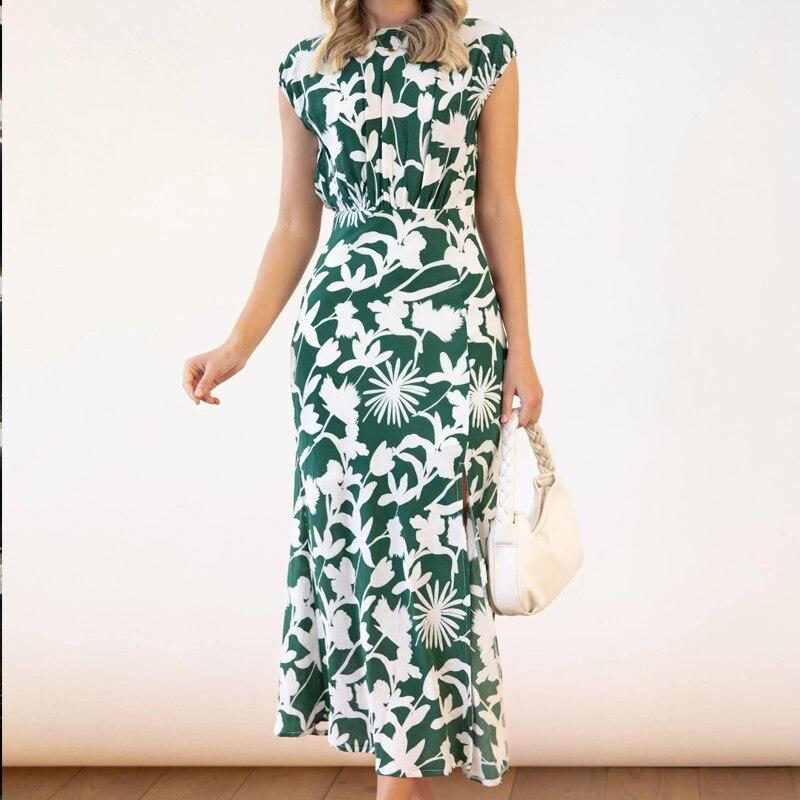 Summer Office-lay Stylish Printed O-neck Long Dress Women Elegant High-waist Slim Ladies Dress Sexy Sleeveless Vestidos 25475