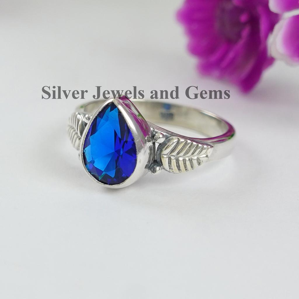 Teardrop Blue Quartz Ring: Sterling Silver Leaf Design Ring