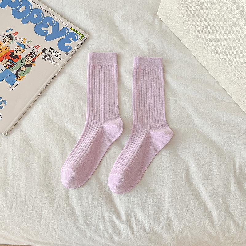 Female Summer Thin Simple Pure Color All Build Vertical Bar Wicking High Tube Cotton Socks