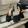 Fashion 2025 Women'S Summer Fashion Waterproof Square Head Hollow Thick Heel Bao Head Hate Sky High Satin High Heels Catwalk Sandals