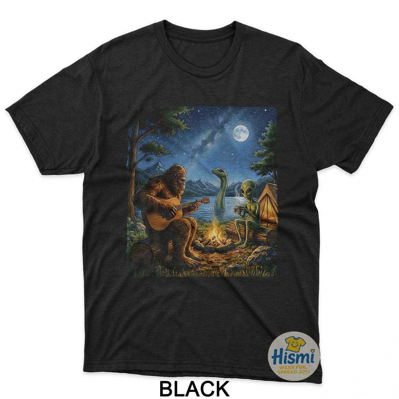 Bigfoot And Alien Loch Ness Campfire Sasquatch Funny Camping T-Shirt M