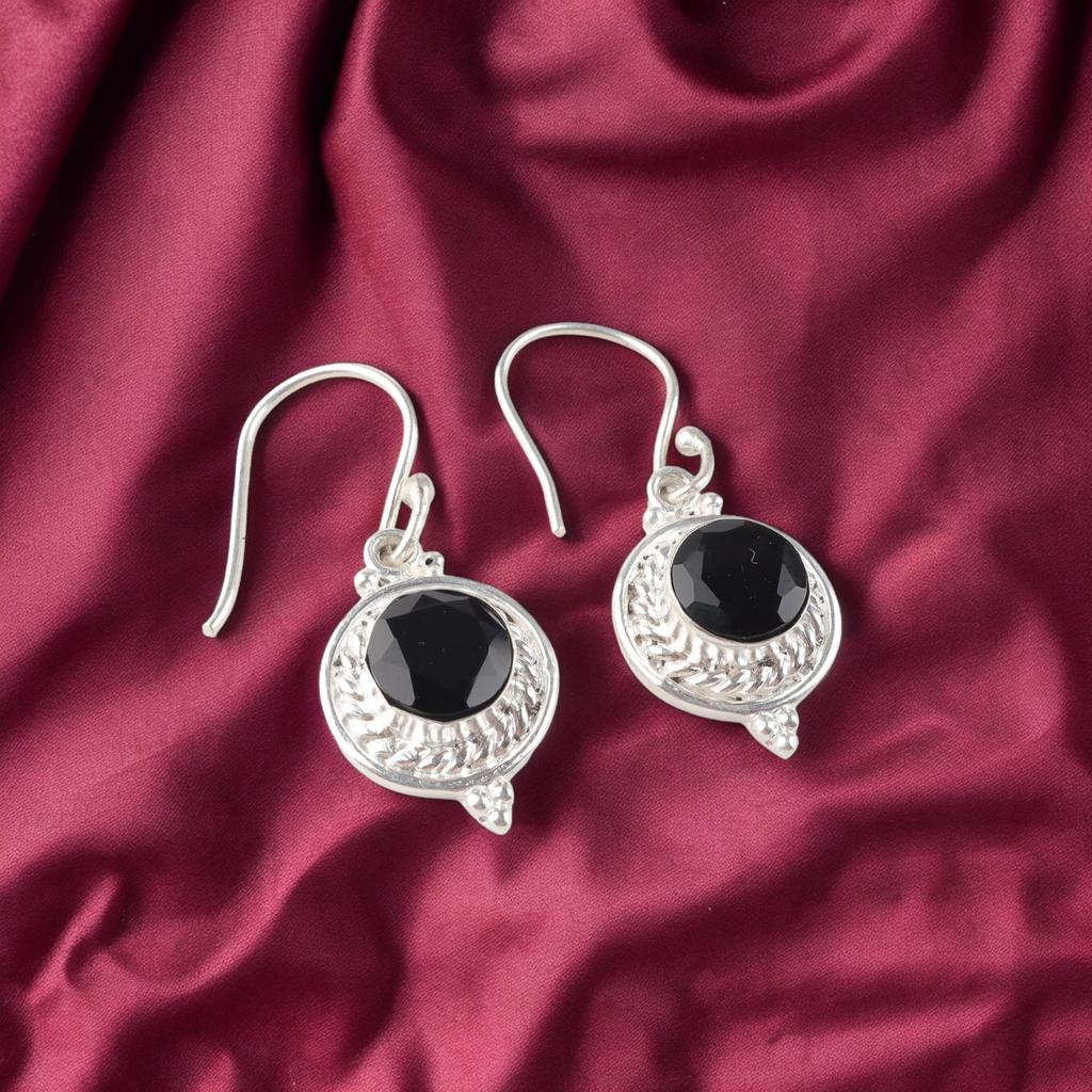 Black Onyx Gemstone 925 Sterling Silver Jewelry Handmade Earrings 1.43" For Gift EE-117-19