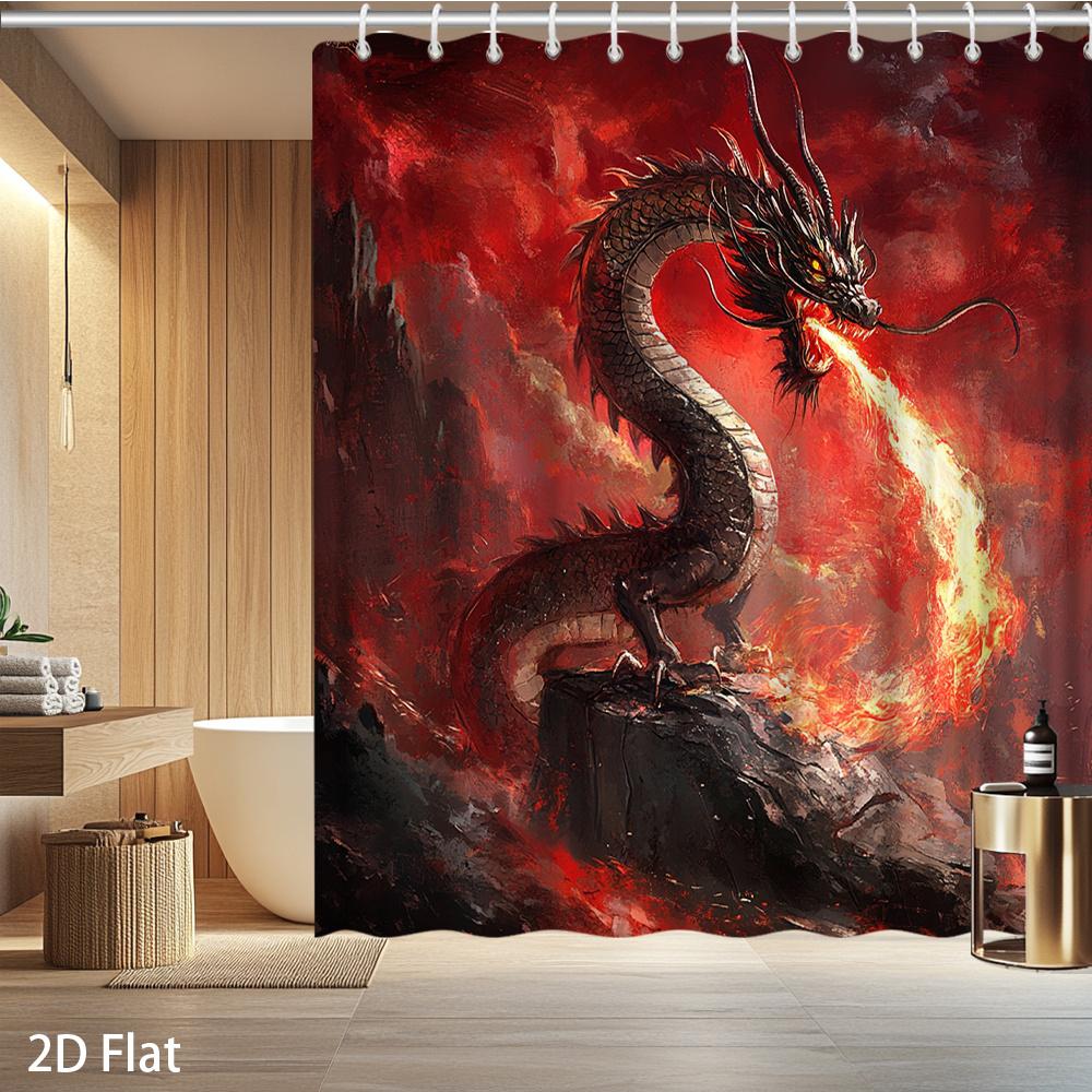 Fire Dragon Shower Curtain – Mythical Red & Black Dragon Breathing Flames On Dark Background, Waterproof Polyester, 72X72Inch