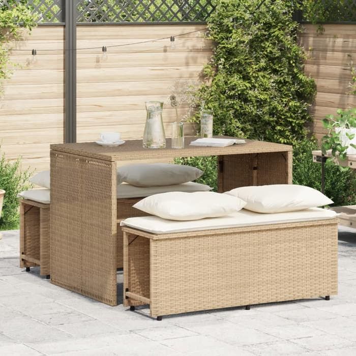 VidaXL Ensemble à manger de jardin et coussins 3 pcs Beige poly rotin, ensemble de salle à manger d'extérieur, meuble de 4003906