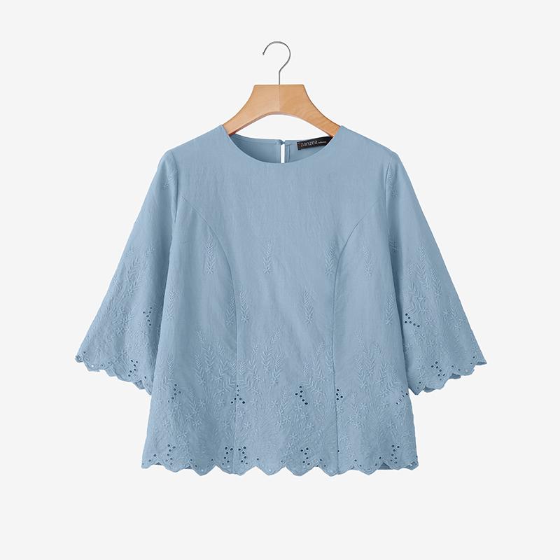 ZANZEA Women Casual Round Neck 3/4 Sleeve Embroidery Loose Blouse