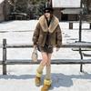Chic Winter Women Jacket Korean Style Faux Fur Collar Slim Fit Warm Padded Coat Fashionable Outwear