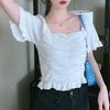Square Neck Collar Collarbone Pleated Short-sleeved Knit Sweater Women Summer Retro Short Sweet Top T-shirt Casual Essential Slim Fit Pullovers Tees