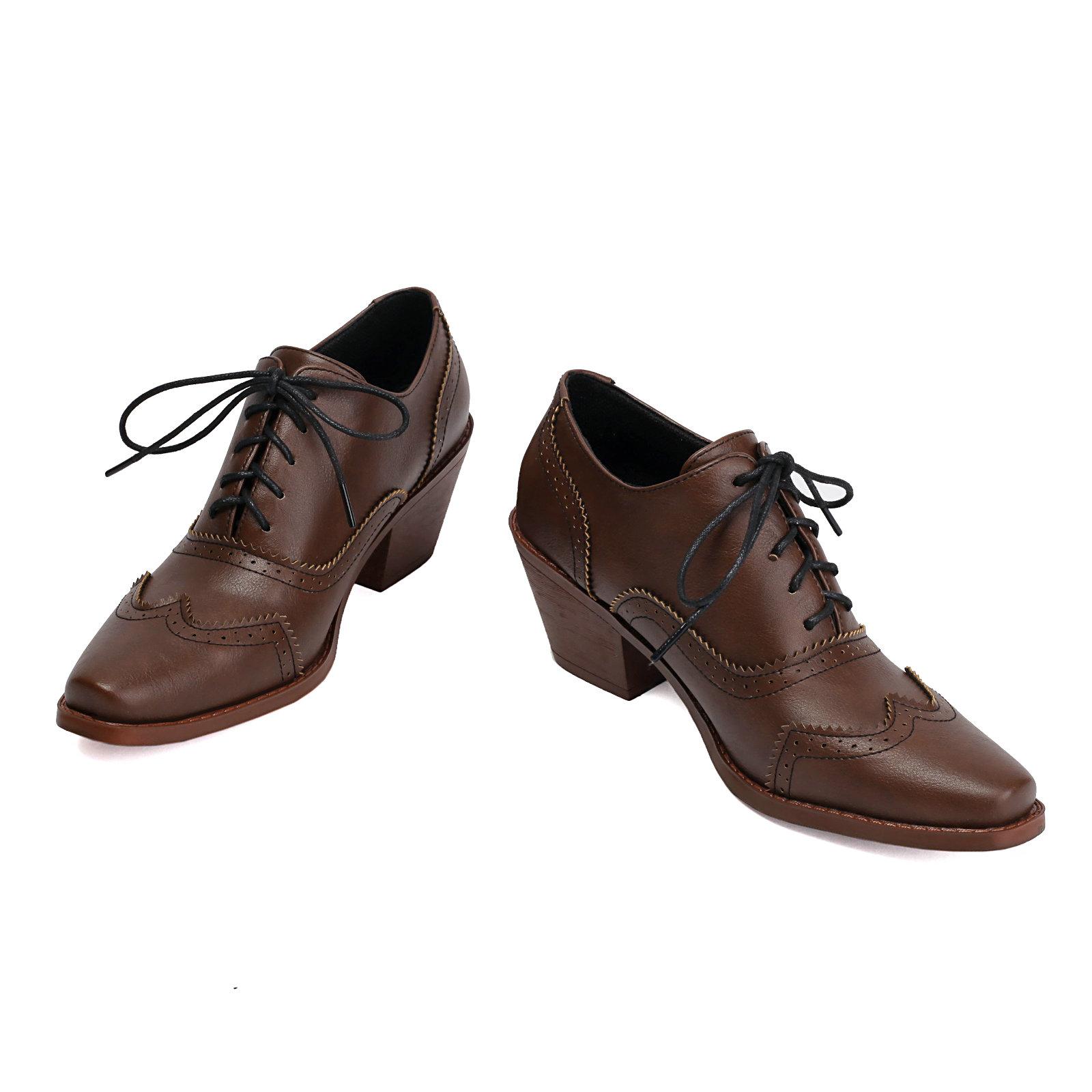 

Women s Perforated Brogues Oxfords Chunky High Heels Shoes Square Toe Lace Up Vintage Pumps for Roaring 20’s Costume Party 36 коричневый