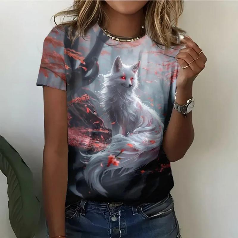 Modisches Damen Rundhals Kurzarm 3D Tier Farbdruck Tier Kurzarm Rundhals T-Shirt