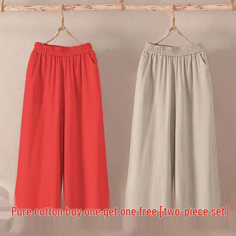 Women's Summer Cotton Linen Wide-Leg Pants: Korean Style, Loose Fit, Plus Size, Versatile Seven-Point Casual Wear.