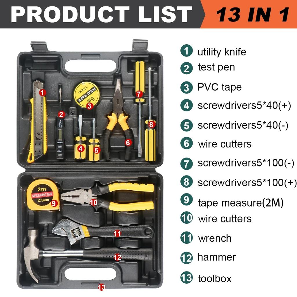 8/9/12/13Piece Tools Set General House Hold Hand Tool Kit with Plastic Toolbox Storage Case Used To Car Repair And Home Repair