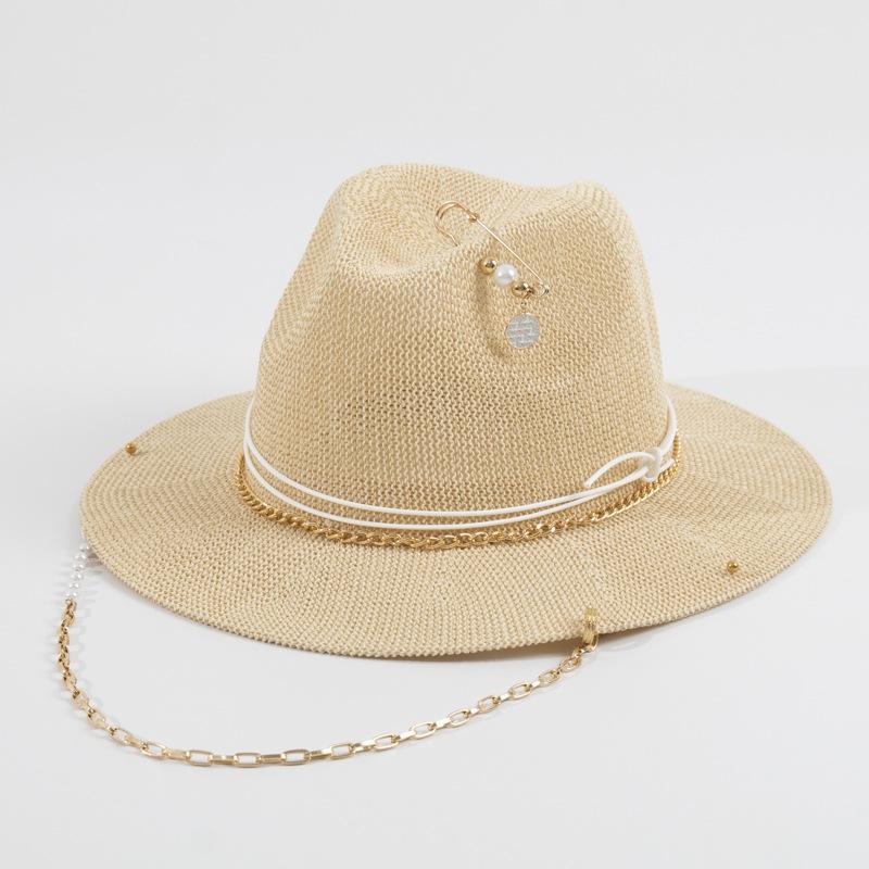 Cross Border Fashion Chain Sun Hat for Women, Panama Straw Hat with Metal Chain, Vacation Beach Sun Cap