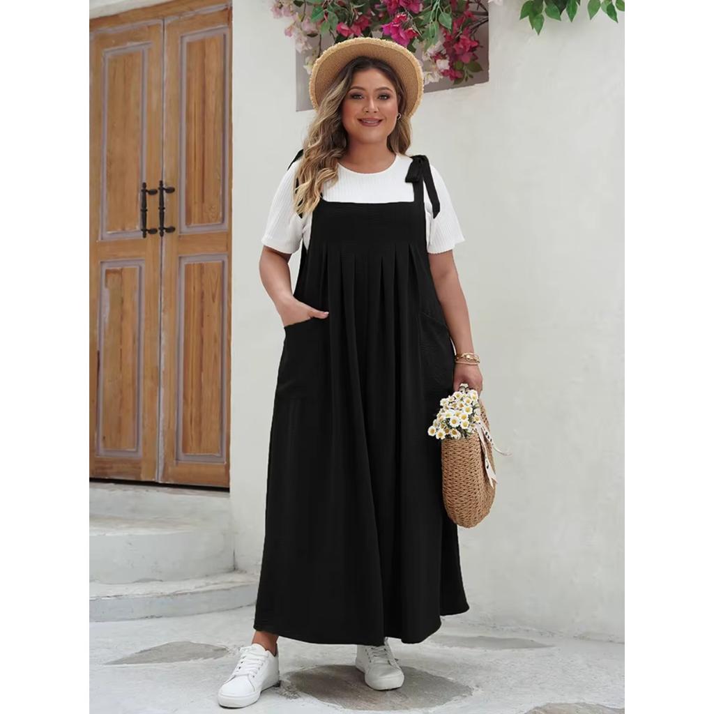 Plus Size Solid Tie Shoulder Overalls Dress For Women  Summer Casual Loose Sleeveless Maxi Long Dresses with Pockets