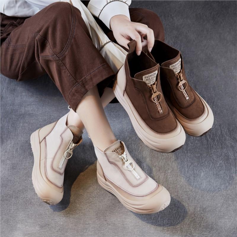 Johnature Botas Curtas Retrô de Couro Genuíno com Sola Grossa e Zíper Frontal Sapatos de Plataforma Casuais