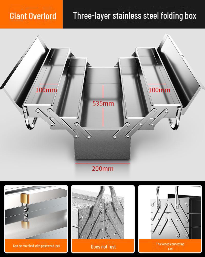 Forest Green Stainless Steel Three-Layer Folding Tool Box - Large, Portable, Industrial-grade Storage for Home and Car.