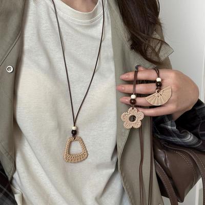 Retro Ethnic Style Wax Cord Necklace with Wooden Beads and Resin Flower