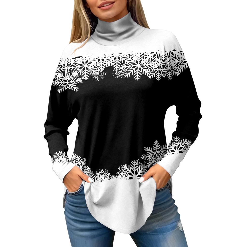 Women Fall Casual Long Sleeve Shirts Sweatshirt Vintage Printed High Neck Top Pullover