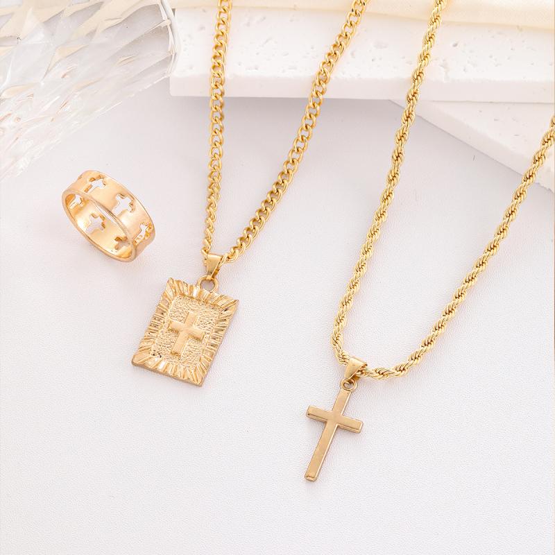 3Pcs Set Men'S Stainless Steel Metal Cross Pendant Chain Necklace Bracelet Ring Jewelry Set Male Hip Hop Daily Wear Accessories