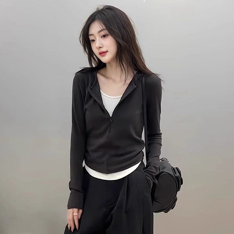 2025 Autumn and Winter New Style Zipper Fake Two-Piece Long-Sleeved T-Shirt for Women with Niche Design and Casual Outerwear Top