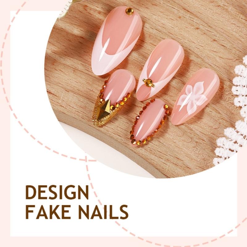 24Pcs Golden Lines Embellishments Press On Nail Short Almond Shape With Metallic Flower Effect