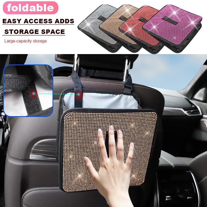 Bling Collapsible Car Trash Can Large Capacity Seat Back Hanging Garbage Storage Bag Organizer For Women Interior Accessories