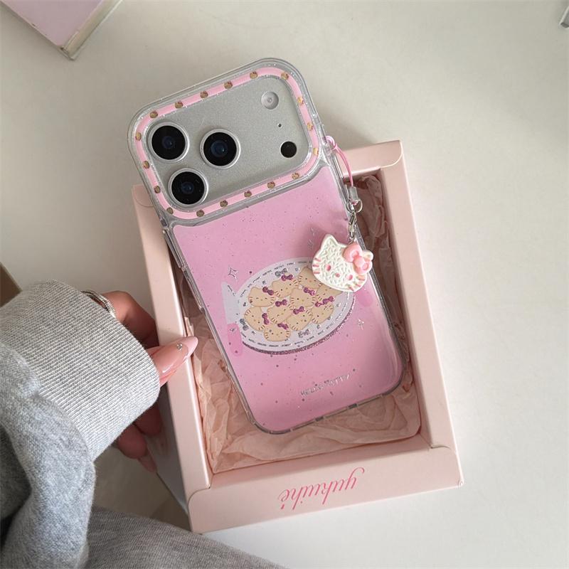 Matching Hello Kitty Charm Wrist Strap Pink Glitter Cookie Print Phone Case For iPhone 14 15 16 17 Pro Max INS Cute Shockproof C