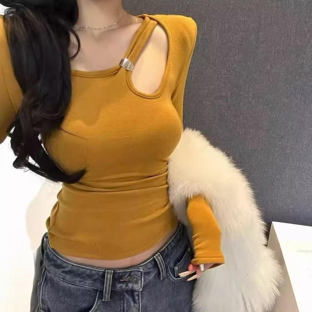 260g Cotton Hollow Out Long Sleeve Women's Slim Fit T-shirt for Spring/Autumn.