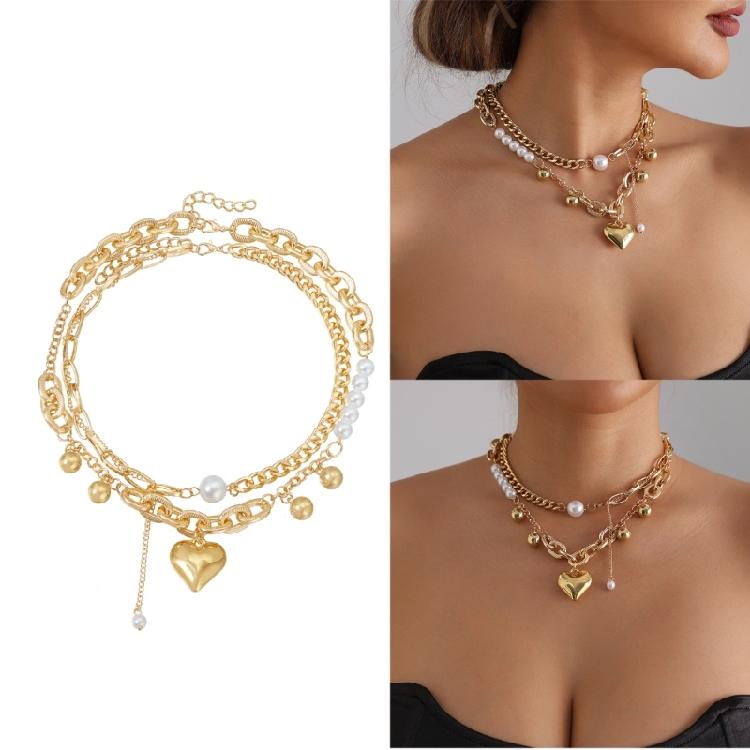 Modern Layer Chain Jewelry Featuring Prominent Heart Designs Adjustable Clasp Alloy Construction Pearls Accent