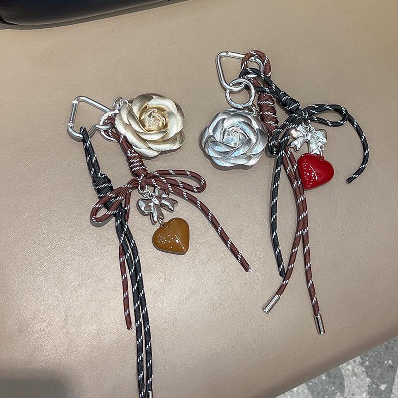 Trendy style camellia flower Backpack pendant Hand woven rope Hangings love heartKey Chain