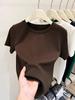 Women's Pink Thickened Brushed Cotton Short Sleeve T-shirt - Korean Style, Straight Shoulder, Round Neck for Spring, Summer, Autumn (2026 New)