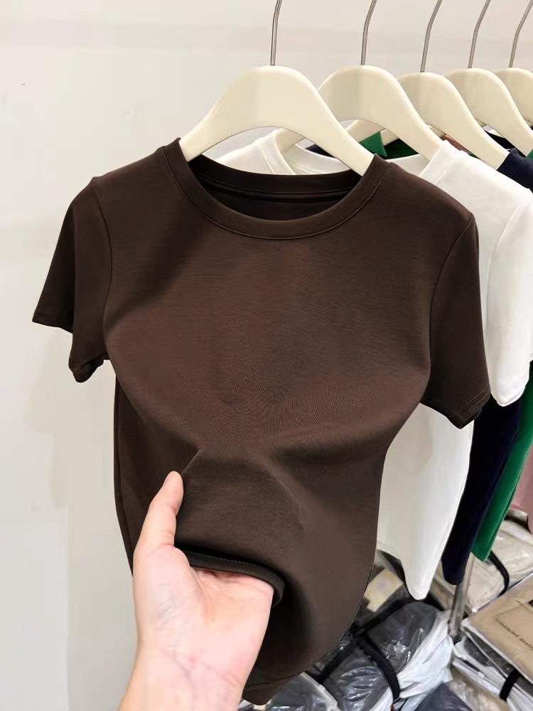 Women's Pink Thickened Brushed Cotton Short Sleeve T-shirt - Korean Style, Straight Shoulder, Round Neck for Spring, Summer, Autumn (2026 New)