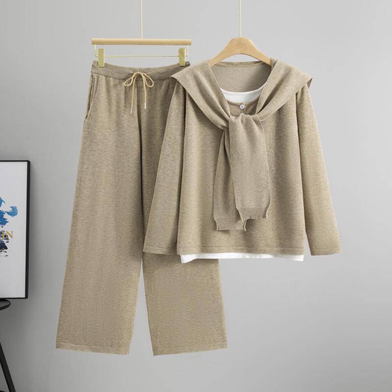 

Casual, Fake Two-piece Sweater Knitted Suit Women s Autumn New Sports Top Shawl Wide Legs Wide Three-piece Set one size хакі