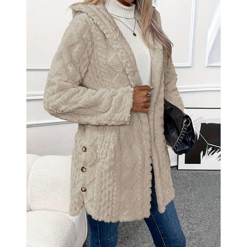 

Plus Size Autumn and Winter Faux Fur Coat Plush Button Cardigan Hooded Sweater Pure Colour Autumn and Winter Warmth S