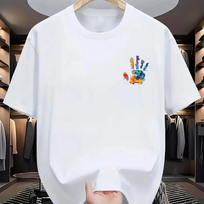 Men's summer pure cotton casual fashion painted handprint print loose sports round neck short sleeved T-shirt versatile top