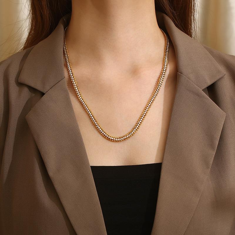 Minimalist Light Luxury Stainless Steel Zircon Chain Set Versatile High end Necklace Bracelet Two Piece Jewelry