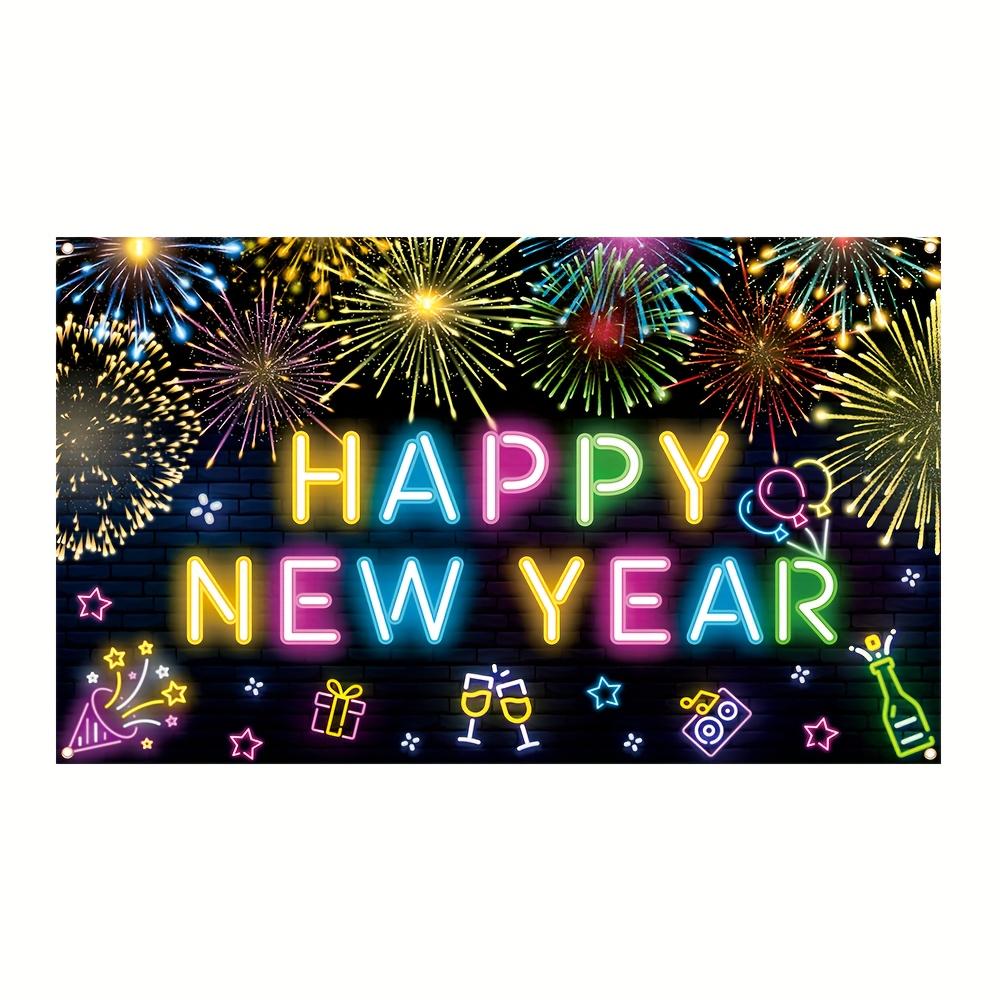 1Pcs Happy New Year Neon Lit Fireworks Decoration Background New Year Backdrop Decorations For Photo Studio Photo Booth Party