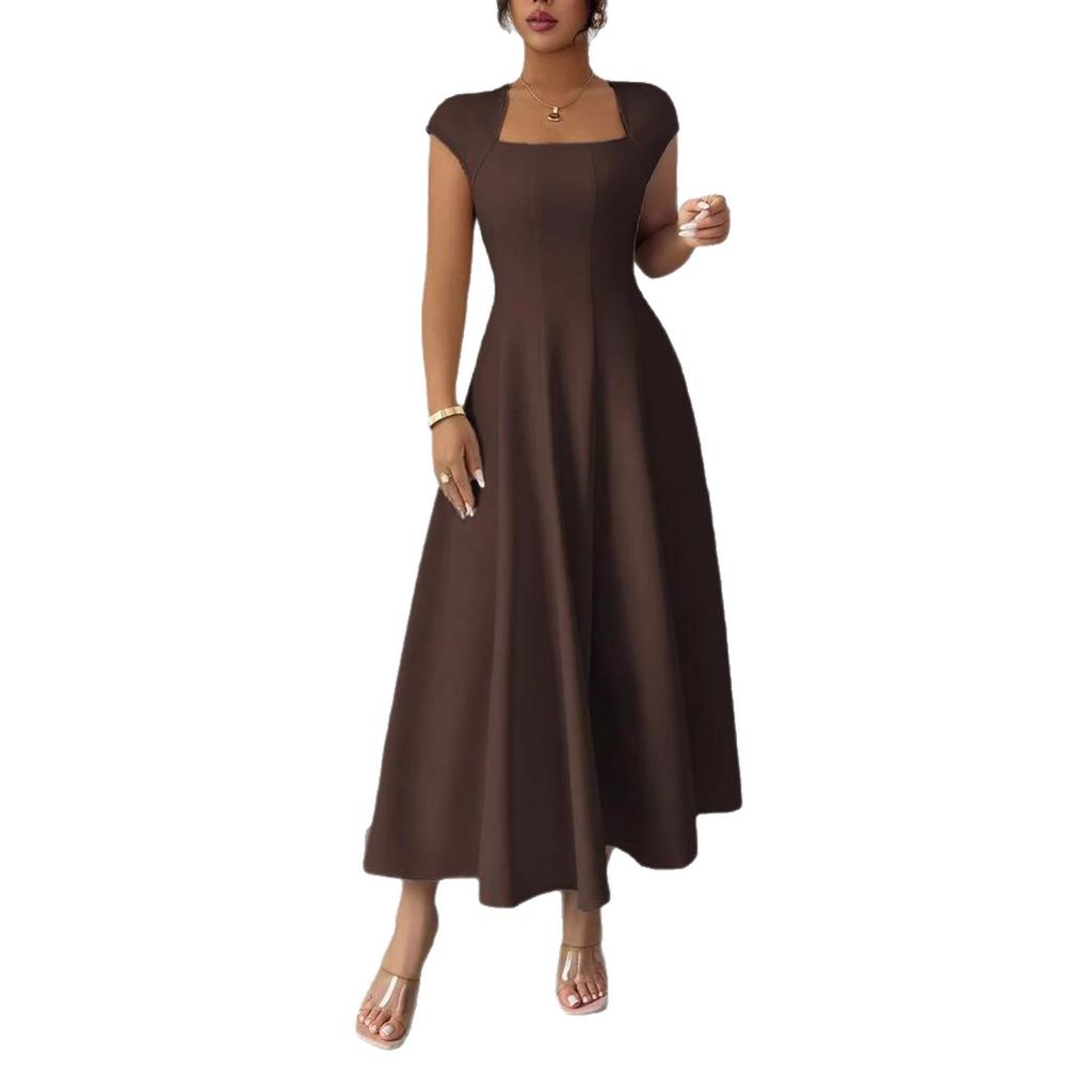 Vestido Elegante Largo de Manga Corta con Escote Cuadrado para Mujer