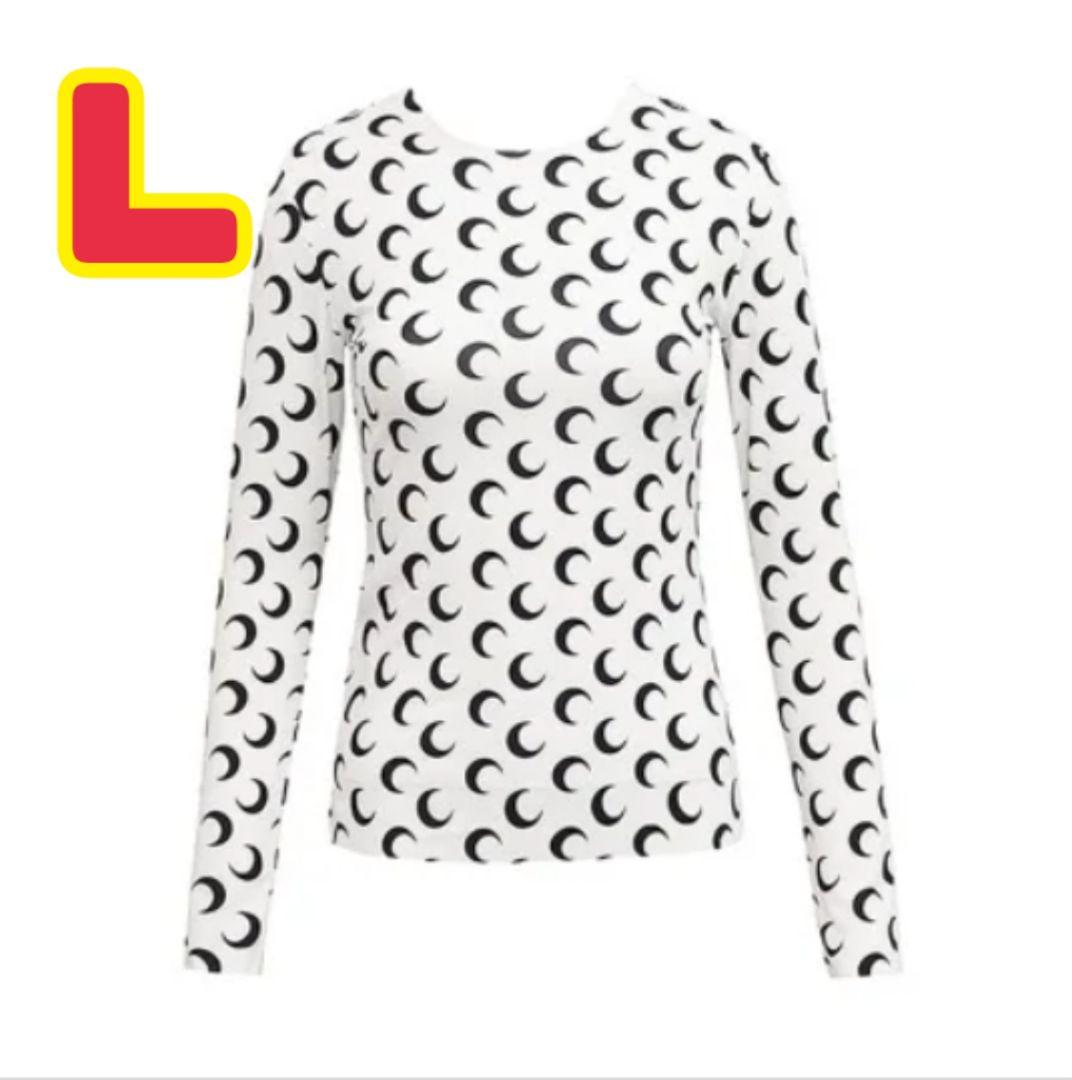 

[USED] Crescent Moon Print Top T-Shirt, White and Black, Size L
