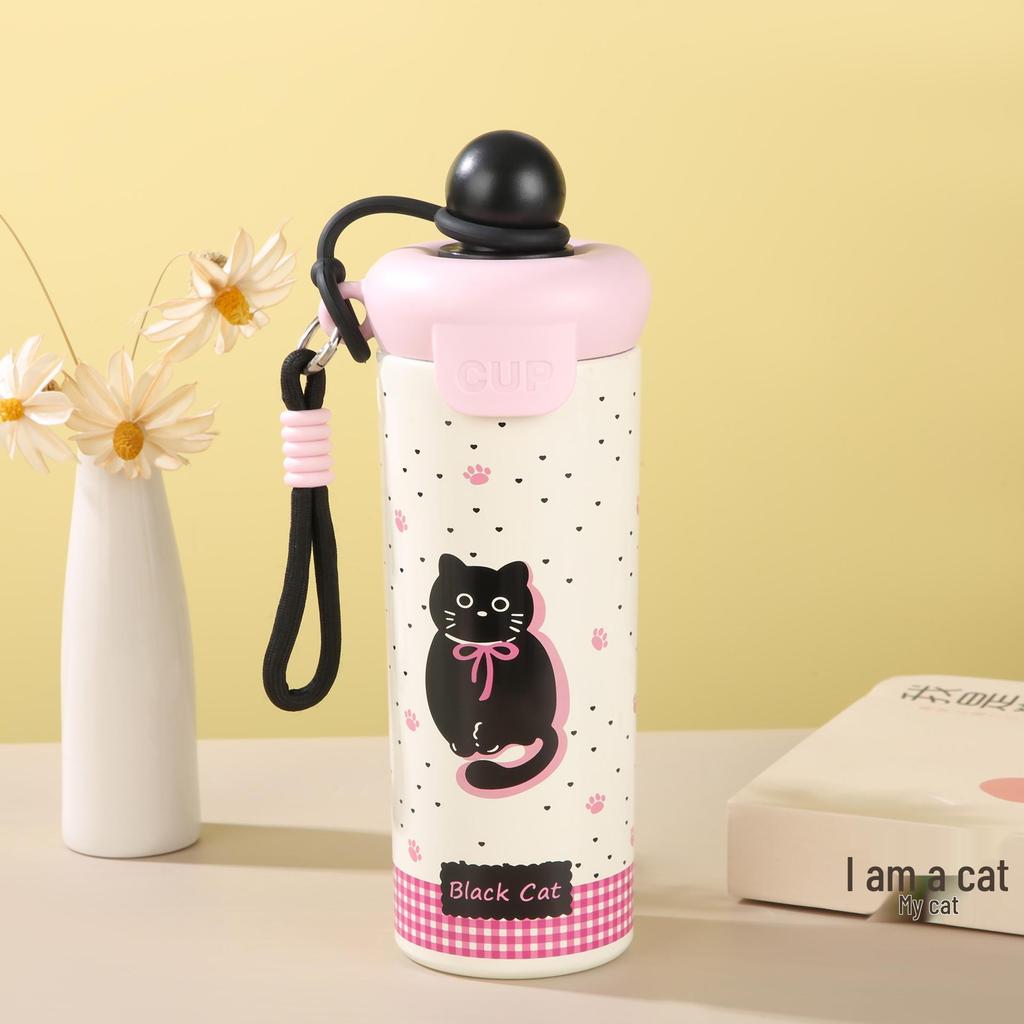 New Cute Cartoon Insulated Stainless Steel Water Cup with Straw and Handheld Rope