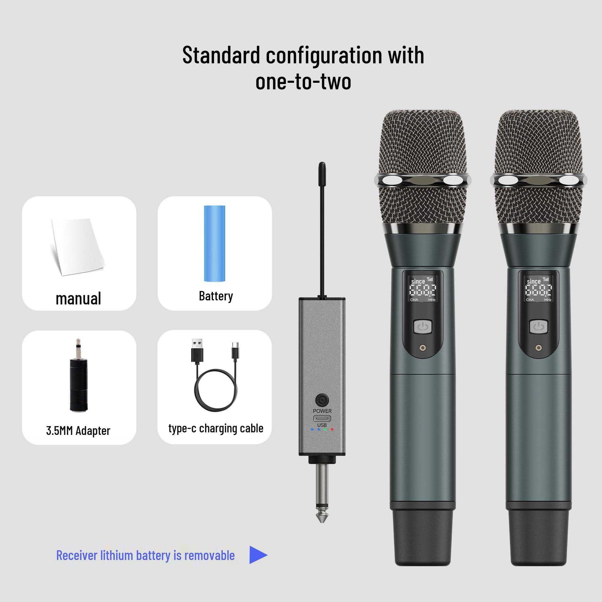 

Dual Wireless UHF Handheld Microphone with Noise Reduction for KTV, Stage, Wedding Performances W-106 One-to-Two