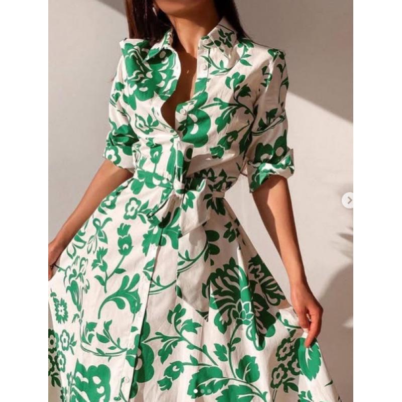 

Long Sleeve Mid-Length Tie Waist Flare Shirt Collar Dress 2025 2XL