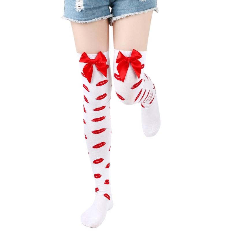 Valentines Day Over Knee Long Socks Cute Bowknots Lip Heart Pattern Thigh High Stockings for Women Parties Casual Wear